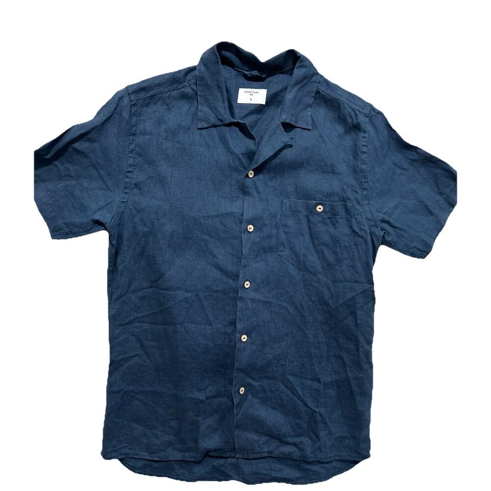 Percival Men’s S Cuban 100% Linen Short Sleeve Button-Down Shirt Navy